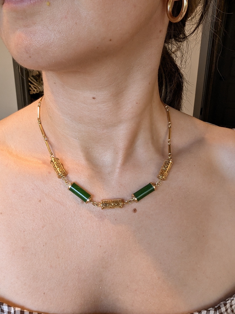 Gold-Tone Necklace with Green Cylinder Accents
